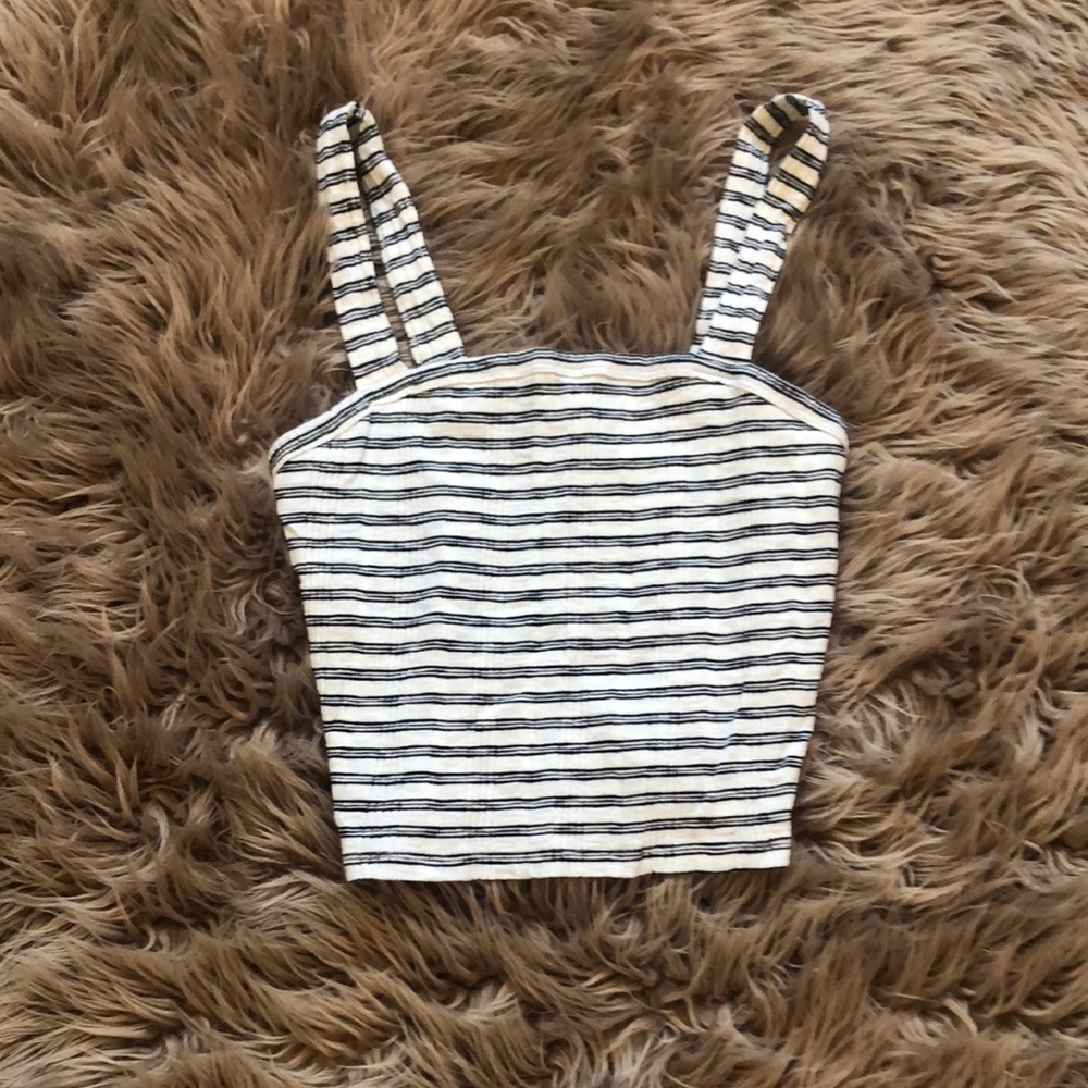 American Eagle Outfitters White and Blue Sleeveless Crop Tank Top